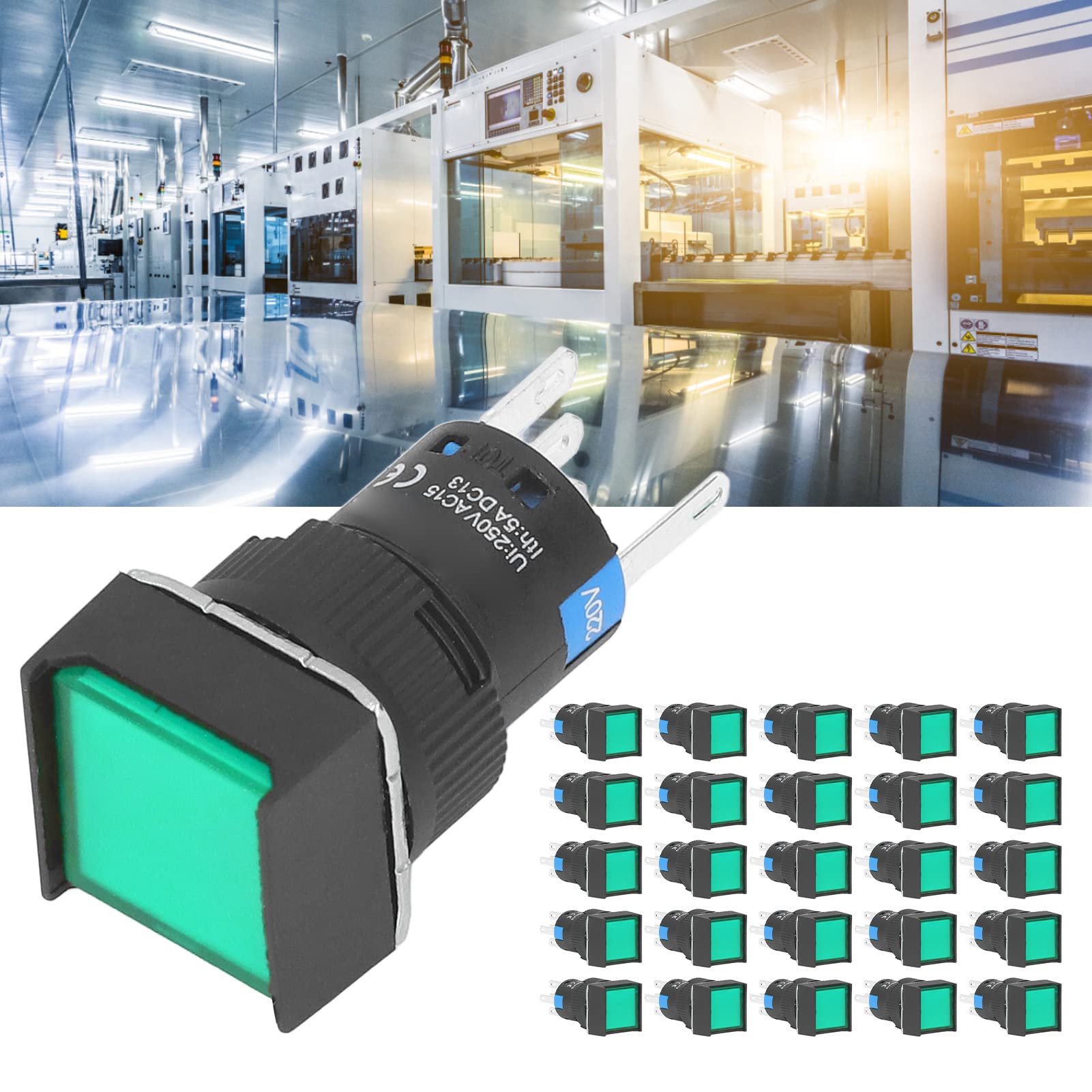 Druckschalter, selbstverriegelnder 16 mm Quadrat Leistungsschalter mit Beleuchtung 220V 5A, 25 Stück Set, für Installation Ersatz (Grün)