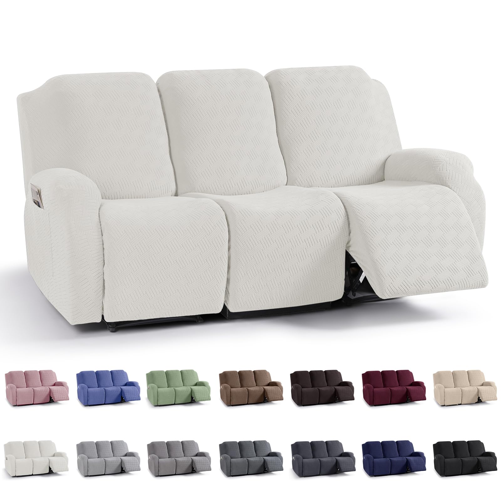 KinCam Recliner Sofa Covers, Stretch Reclining Couch Covers for 3 Seat, Sofa Slipcovers Stripe Jacquard Recliner Covers Furniture Protector Covers with Elastic Bottom for Kids, Pets (Off White)