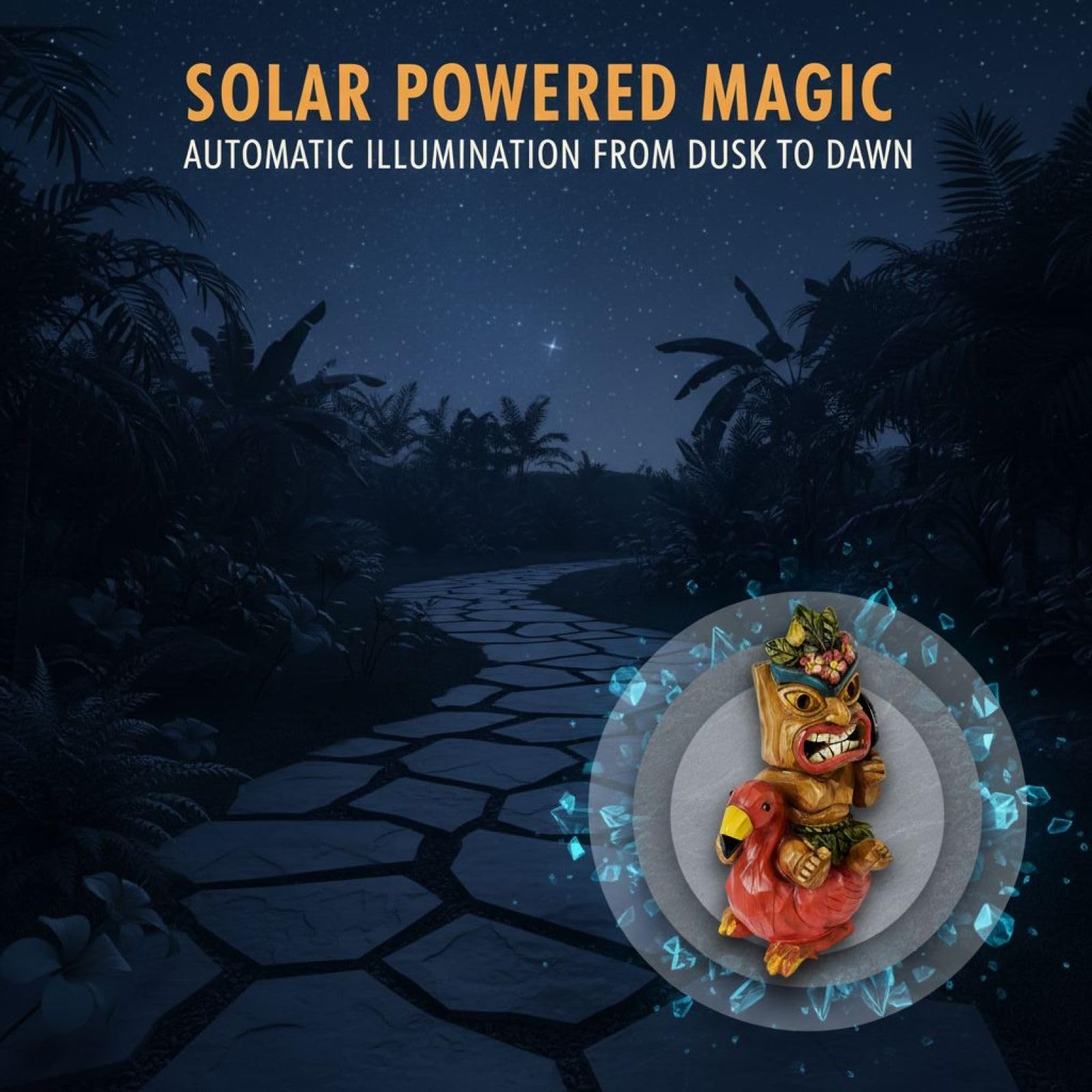 Figura di fenicottero polinesiano a energia solare, decorazione Tiki all'aperto, scultura in resina alta 25 cm, accensione e spegnimento automatico tropicale giardino patio bar ornamento