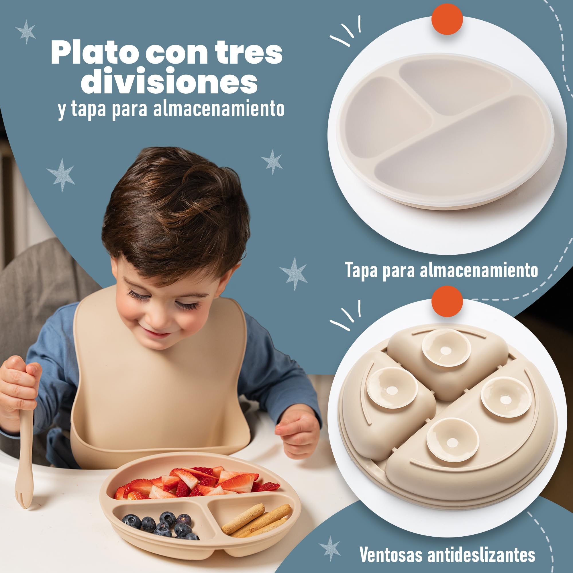 Vajilla Bebe Silicona que incluye Plato Bebe Ventosa, Cubiertos Bebe y Bolsa para Viaje o Almacenaje - Chupete Fruta Bebe - Cuchara Bebe Aprendizaje con botella de Almacenamiento - Perfecto Regalo