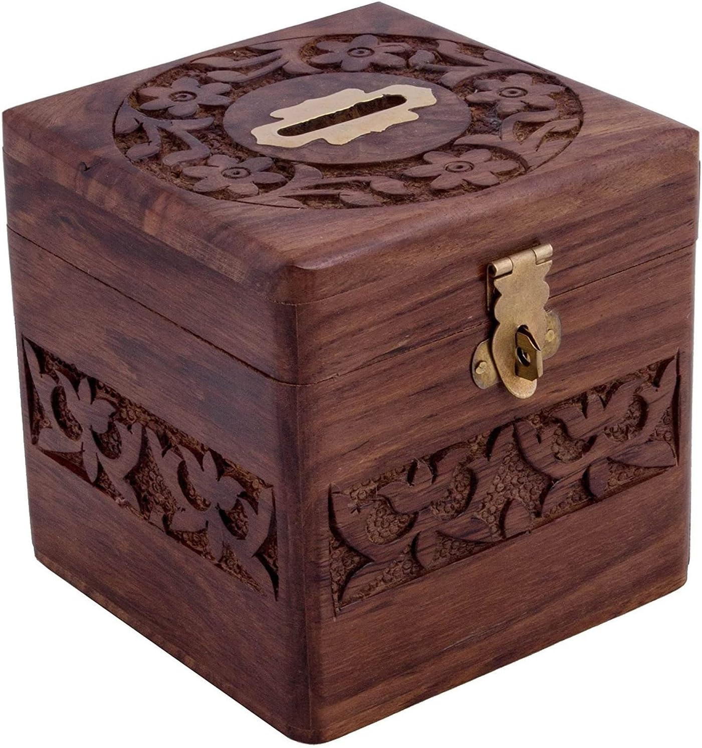 4 Inch Carved Wooden Piggy Bank - Coin Storage Box for Adults and Children - Money Saving Container for Home (Without Lock)