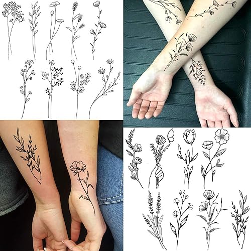 Miniatura 4 de FANRUI - 15 hojas de tatuajes temporales de flor negra para mujeres y niñas ramo floral pequeño tatuaje temporal planta silvestre lavanda guisante