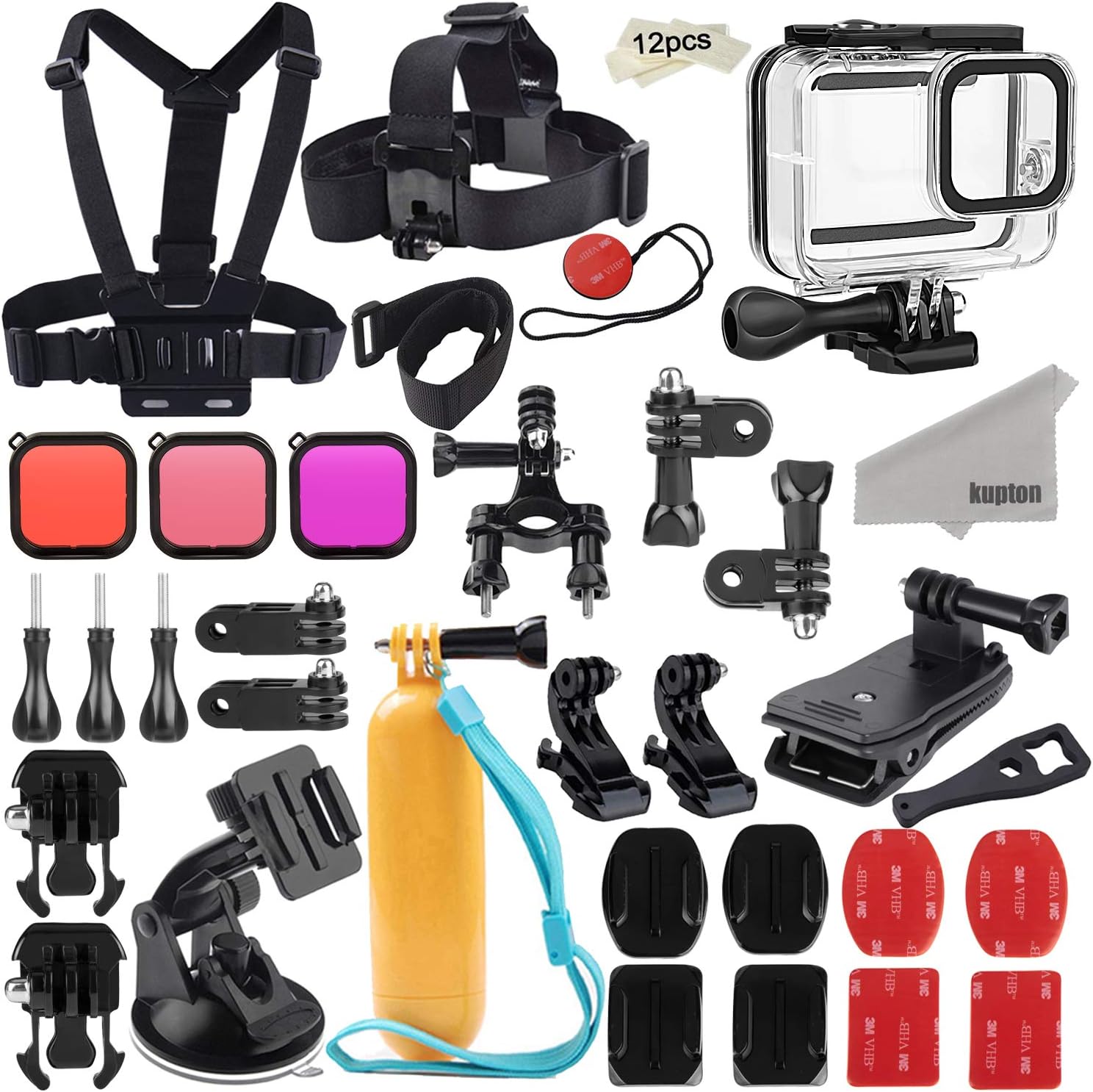 Kupton Accessories Kit for GoPro Hero 8 Black Accessory Bundle Set, Waterproof Housing Case + Filters + Head Chest Strap + Suction Cup Mount + Bicycle Mount + Floating Grip