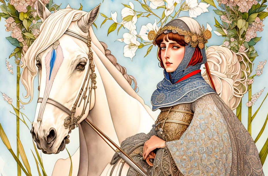 Toile sainte fille et cheval blanc 50x70 cm | Fini les murs vides et tristes