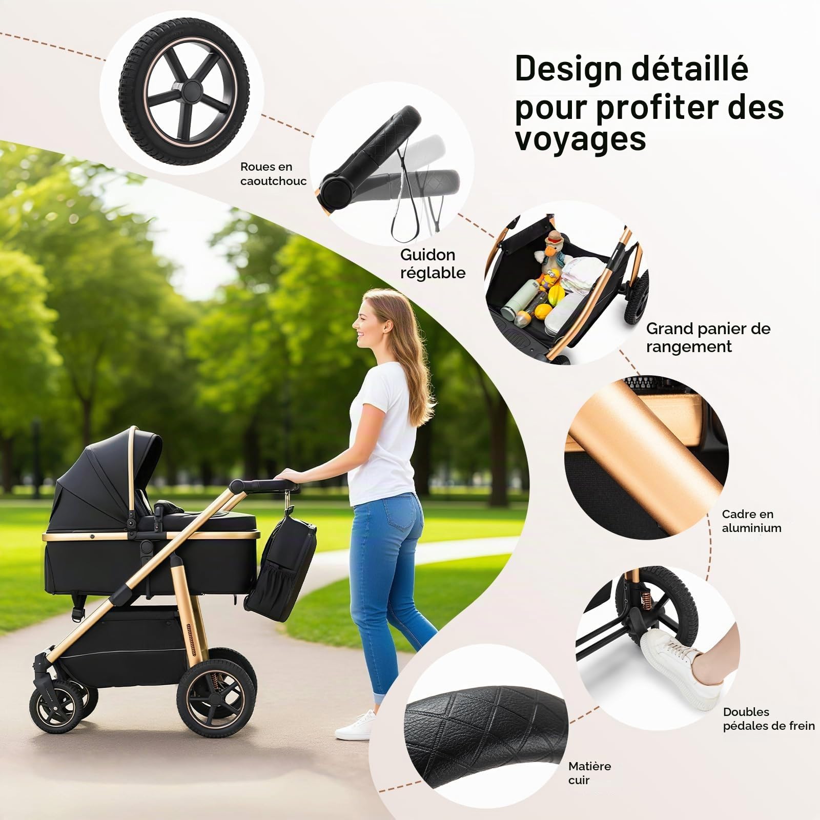 Zkipm Poussette 3 en 1 SystèMe de Voyage, Landau avec SièGe, Poussette pliable et modulable, Cadre en Alliage D'Aluminium, Adapté aux BéBéS de 0 à 4 Ans