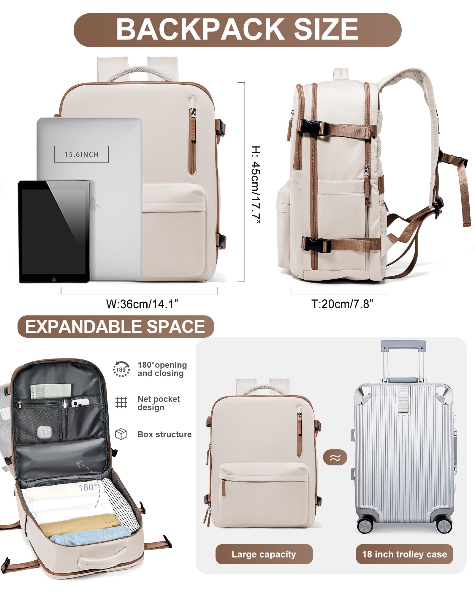 Zaino da Viaggio per Easyjet 45x36x20 Bagaglio a Mano Zaino Borse da Cabina per Easyjet Il Sedile Zaino Aereo Bagaglio a Mano Donna Borsa Cabina Viaggio Zaino Viaggio Casual Daypack,Marrone giallastro