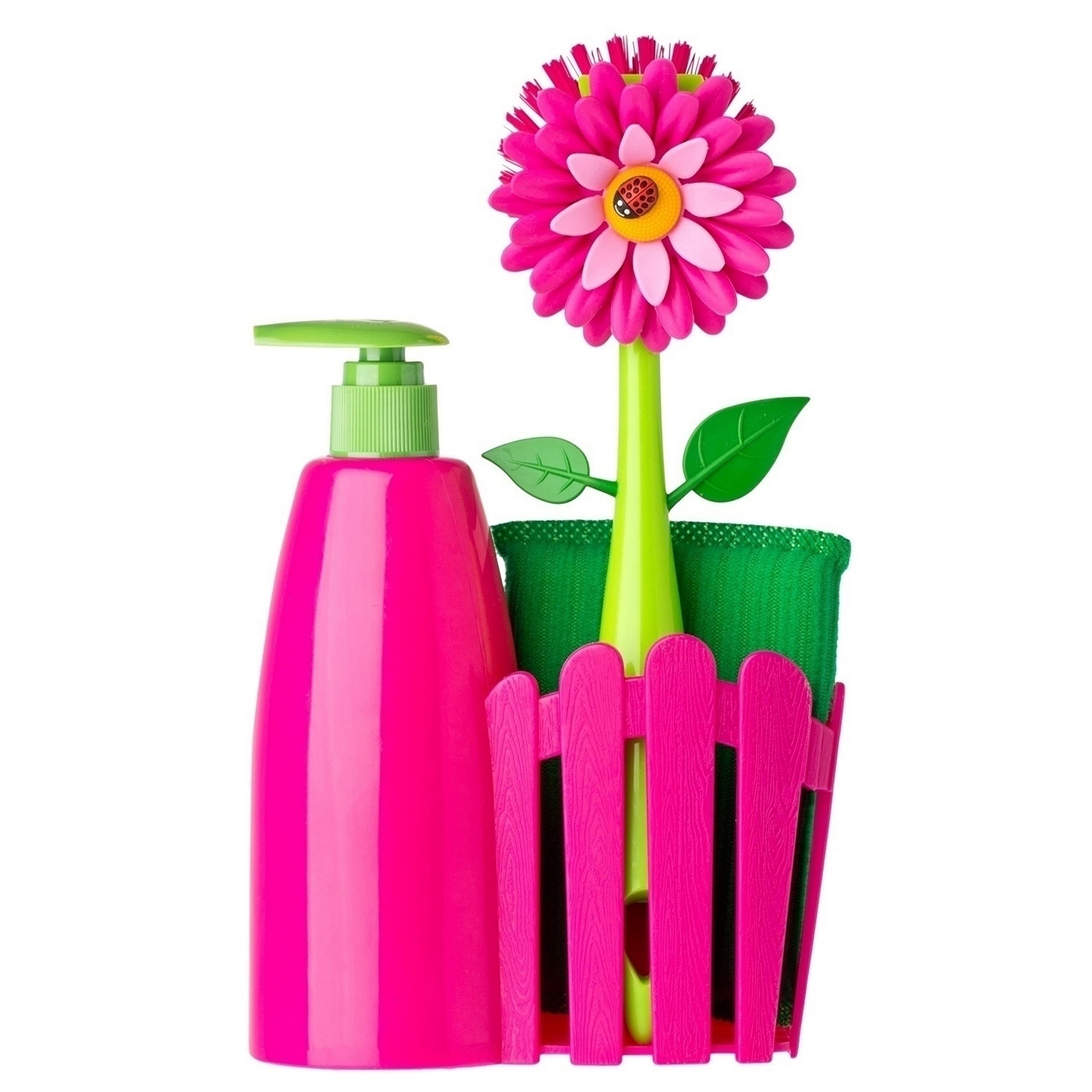 Vigar - Set Lavello - Pack Supporto, Spazzola Lavastoviglie, Spugna - ‎7 x 14 x 26,5 cm - Flower Power - Con Dispenser - Vassoio da 3 Pezzi - Rosa