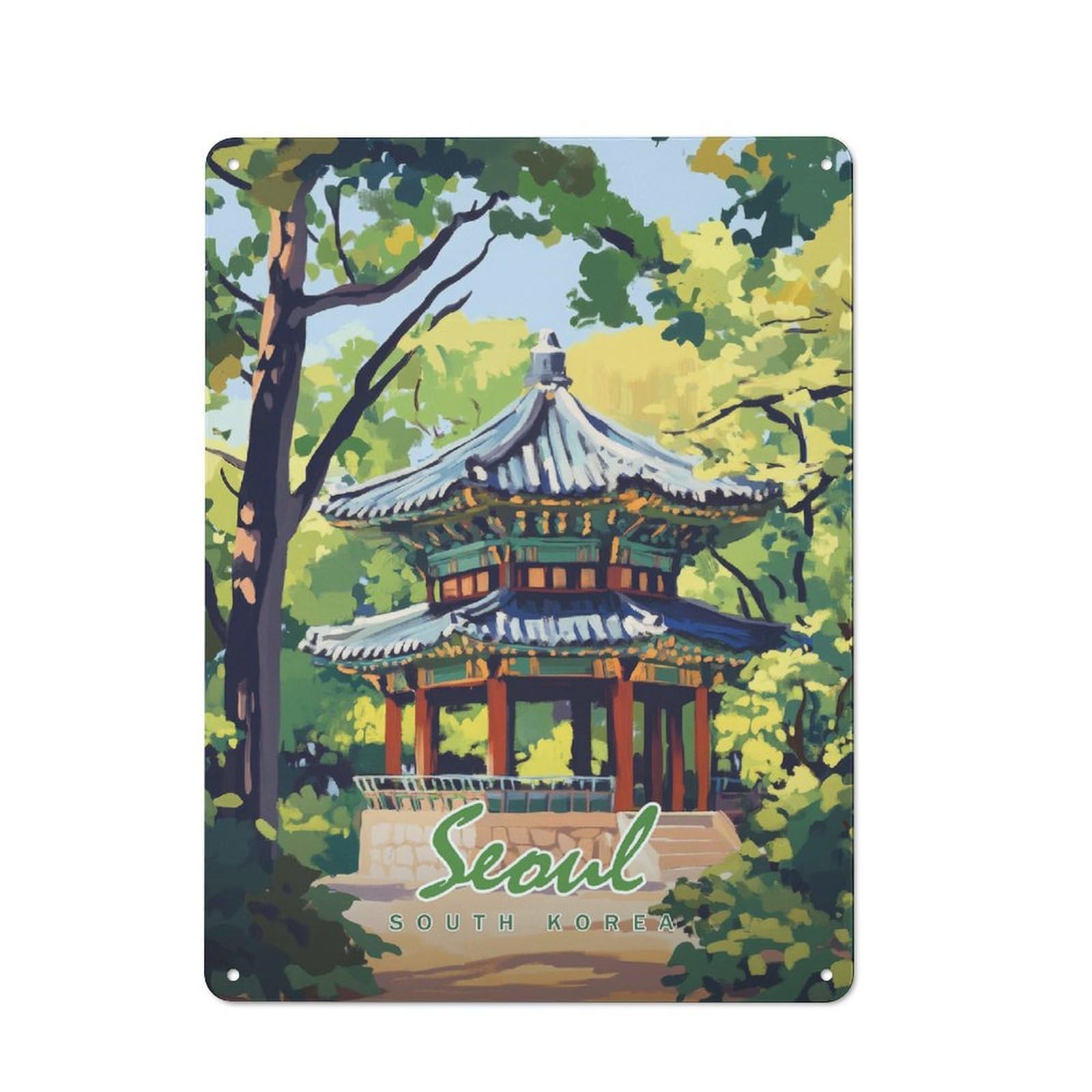Junmoney Style-11 Tin Wall Plaque 40X30cm With Seoul Pagoda Illustration For Living Room Or Hallway, For Vintage Wall Decor Fans, For Themed Room Decoration