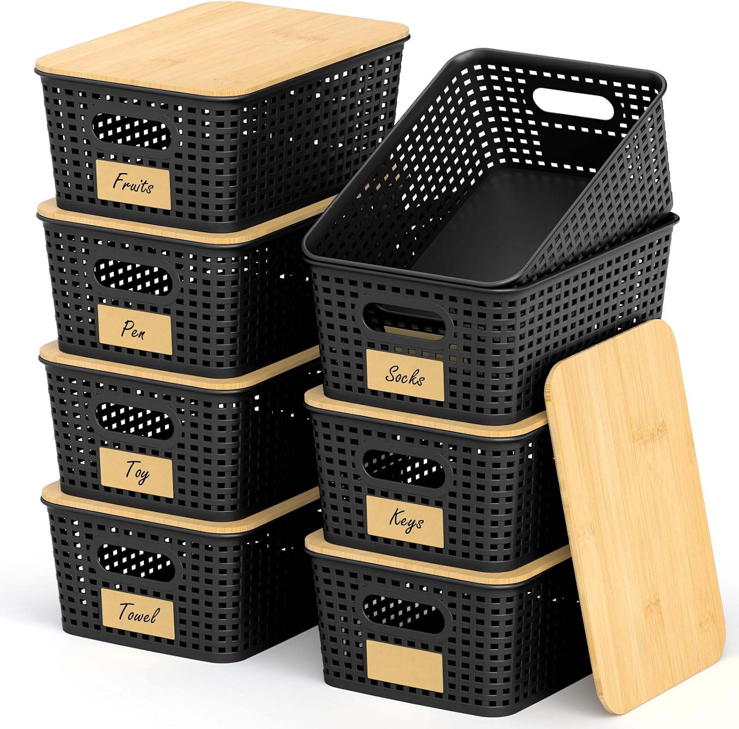 Stackable Storage Basket: Plastic Baskets Bins, Baskets for Organizing, Pantry Decorative Containers for Closets, Cabinets, Shelves(8 Pack, Black)
