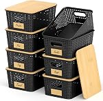 Stackable Storage Basket: Plastic Baskets Bins, Baskets for Organizing, Pantry Decorative Containers for Closets, Cabinets, Shelves(8 Pack, Black)