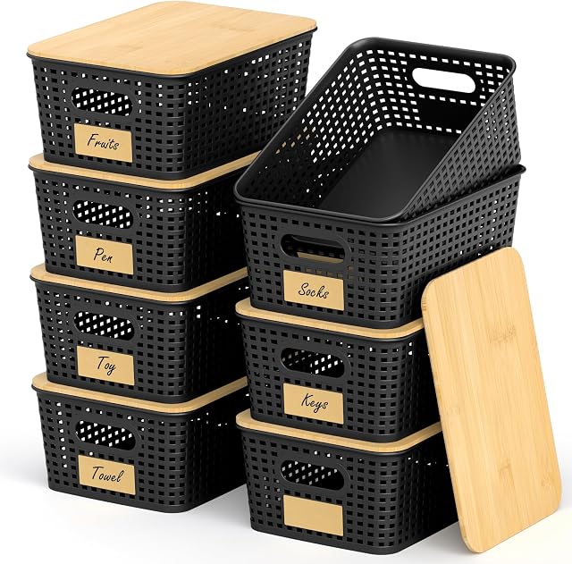 Panier de rangement empilable: paniers en plastique, paniers pour l'organisation, garde-manger des conteneurs décoratifs pour placards, armoires, étagères(8 Boîte, noir)