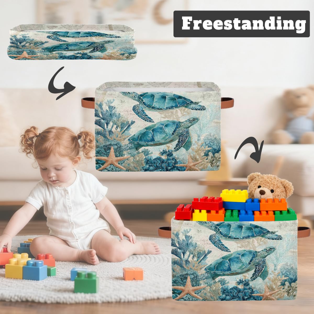 Rechteckiger Aufbewahrungskorb mit Ledergriffen, Vintage-Stil, nautische Meeresschildkröten, 2 Stück, faltbarer Stoff-Aufbewahrungskorb für Schrank, Badezimmer, Wohnzimmer, Büro, Spielzeug