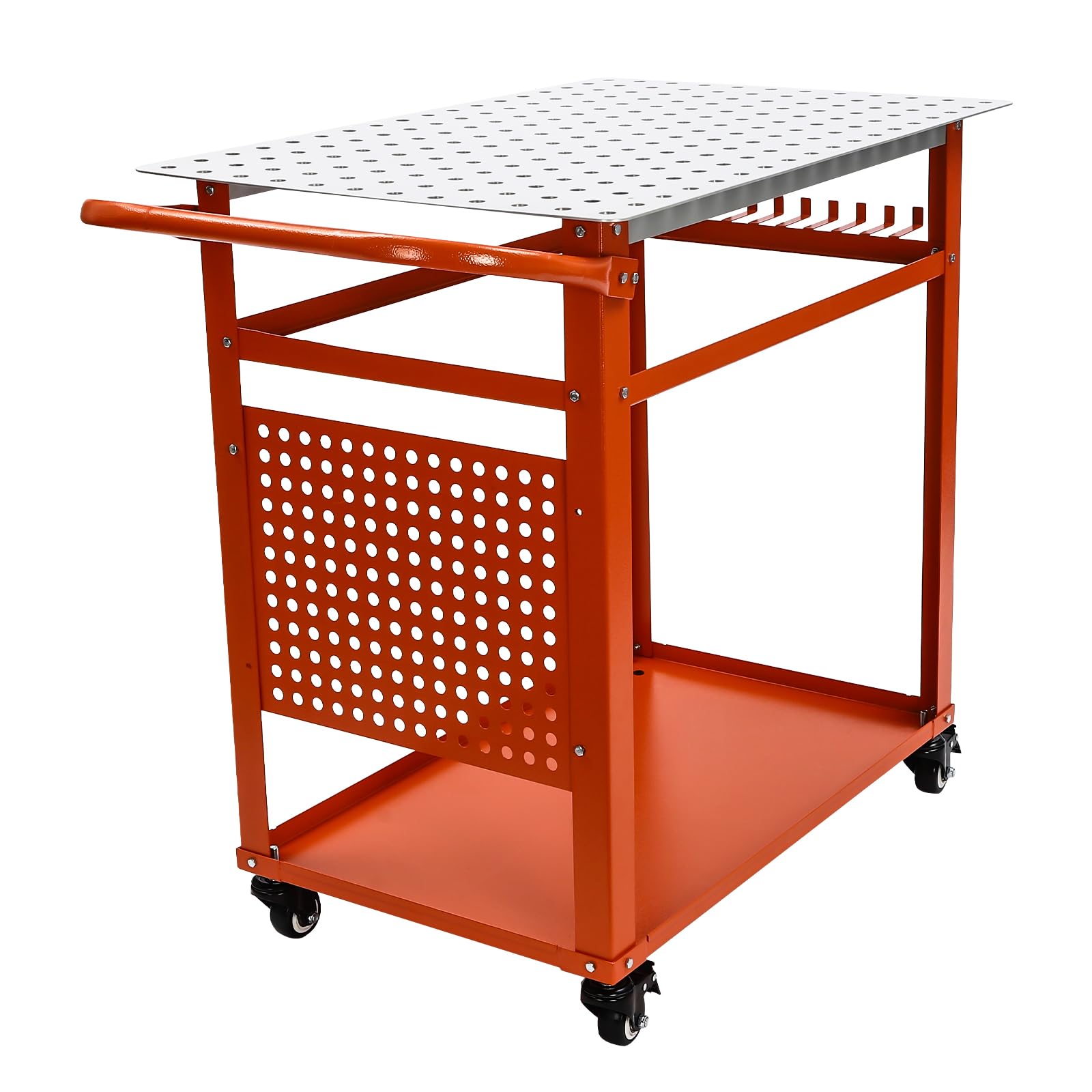 Mesa de soldadura de 36 x 24 pulgadas, capacidad de carga de 600 libras, banco de trabajo de soldadura de acero, banco de trabajo portátil con 4 ruedas, tablero de almacenamiento de doble capa
