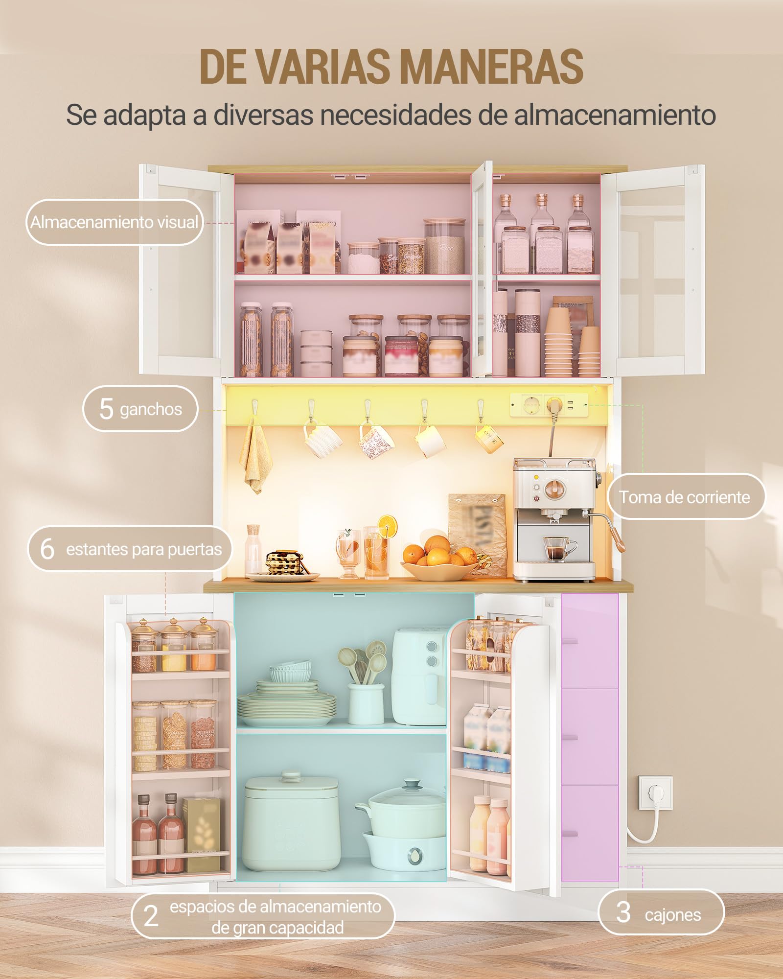 Hzuaneri Armario Cocina Alto, con Toma y Tira LED, 40 x 100 x 180 cm | Estante 6 Niveles Tras Puerta, 5 Puertas y 3 Cajones, Para Cocina o Salón, Blanco-Roble PT10303XEU