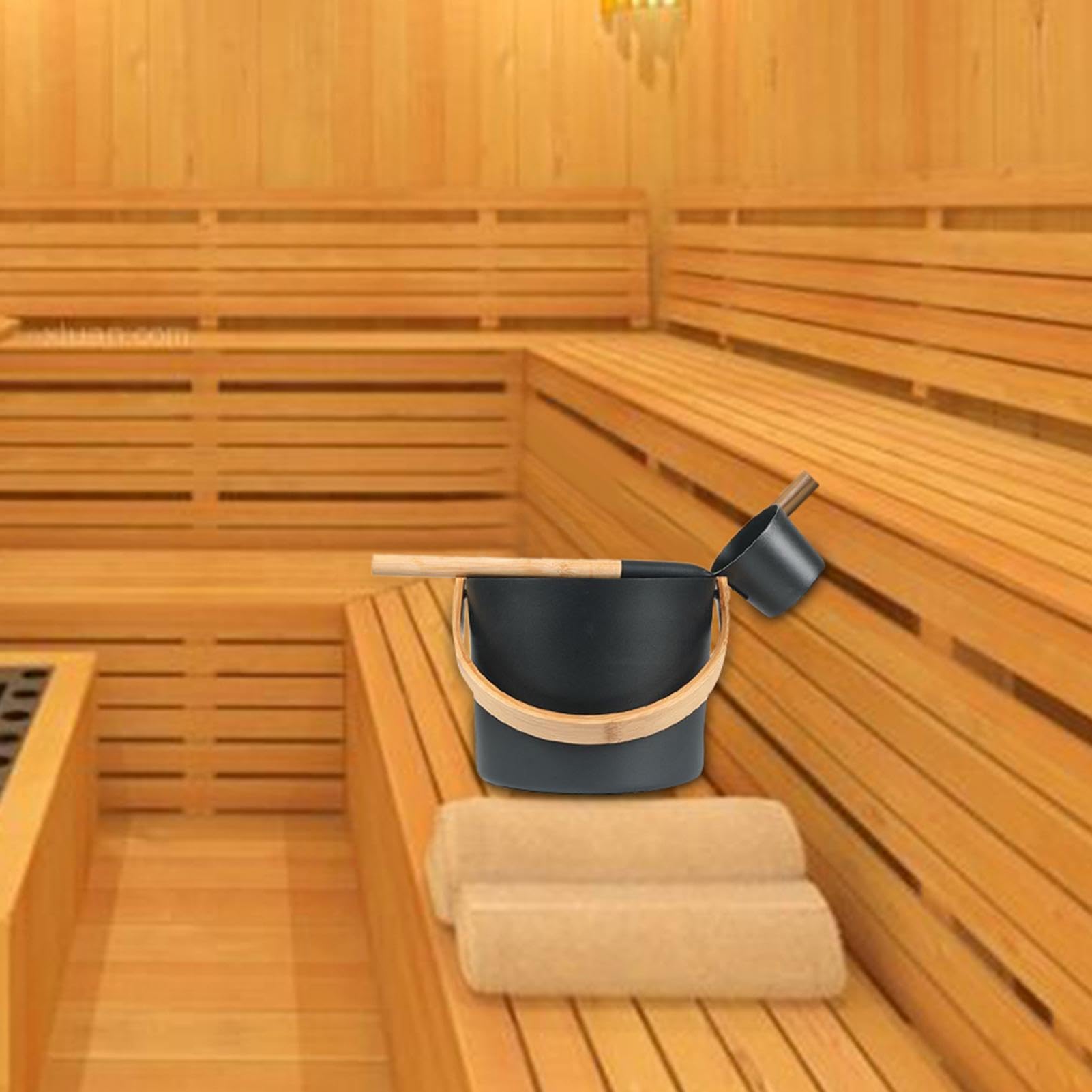 Stea_m Juego de cubo y cucharón de aluminio 7 litros para sauna mango largo