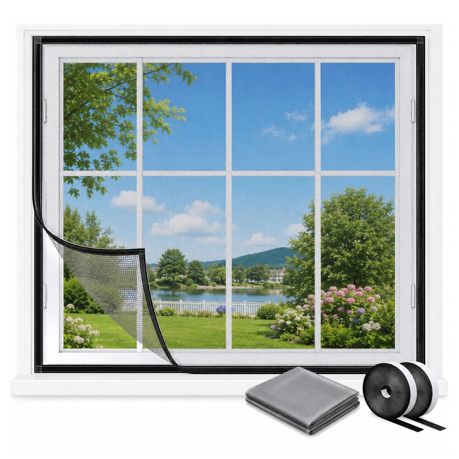 Mosquiteras para Ventanas y Puertas, Malla Mosquitera Fibra de Vidrio Anti Mosquitos, Red Mosquitera Ventana con Cinta Adhesiva de Gancho y Bucle Sin Taladrar(Negro,79x98in)