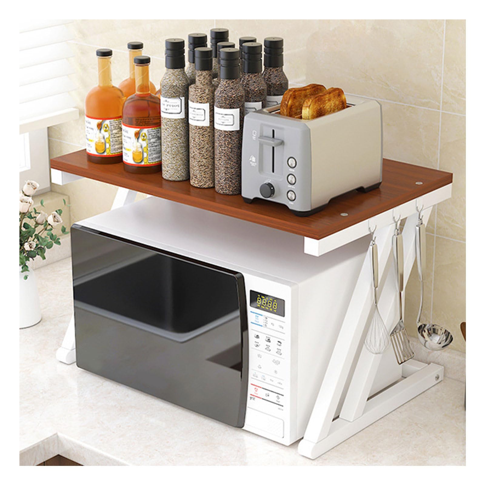 Dxcaicc Microwave Oven Rack,Expandable Microwave/Toaster Stand with Hooks,Adjustable Microwave Shelf for Countertop,Kitchen Supplies Tableware Storage,B