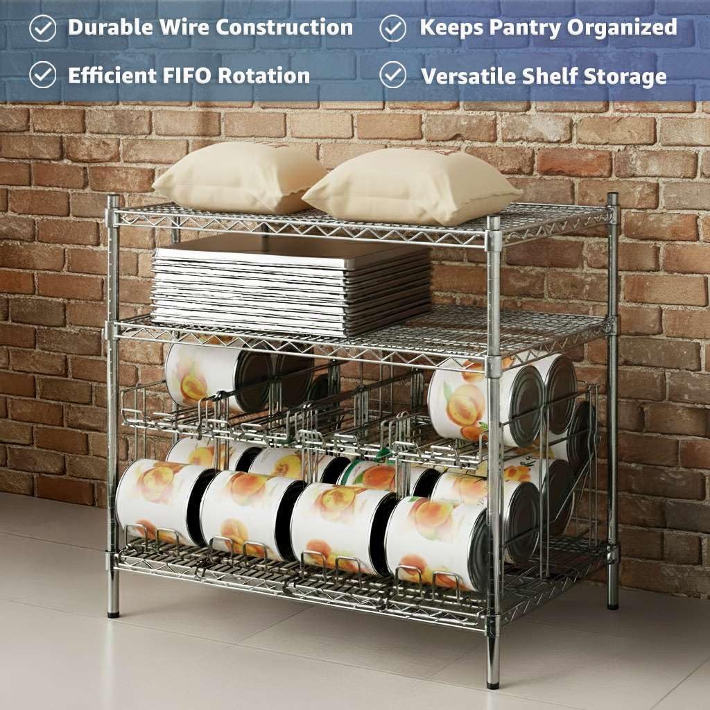 24" x 36" x 27" Chrome Wire Shelving System with 4 FIFO Can Racks for #10 and #5 Cans, NSF