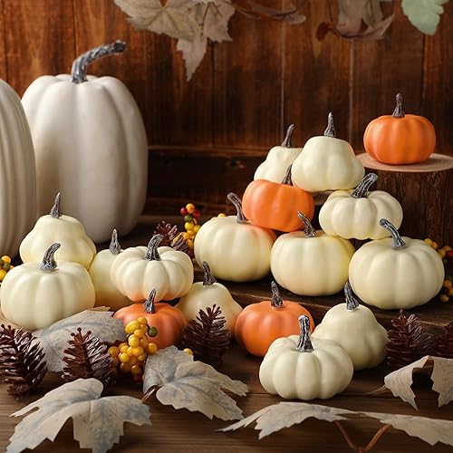 Miniatura 4 de Geelin Juego de 34 calabazas artificiales surtidas de otoño, mini calabazas falsas con hojas de arce, piñas, bayas, decoración de cosecha de otoño