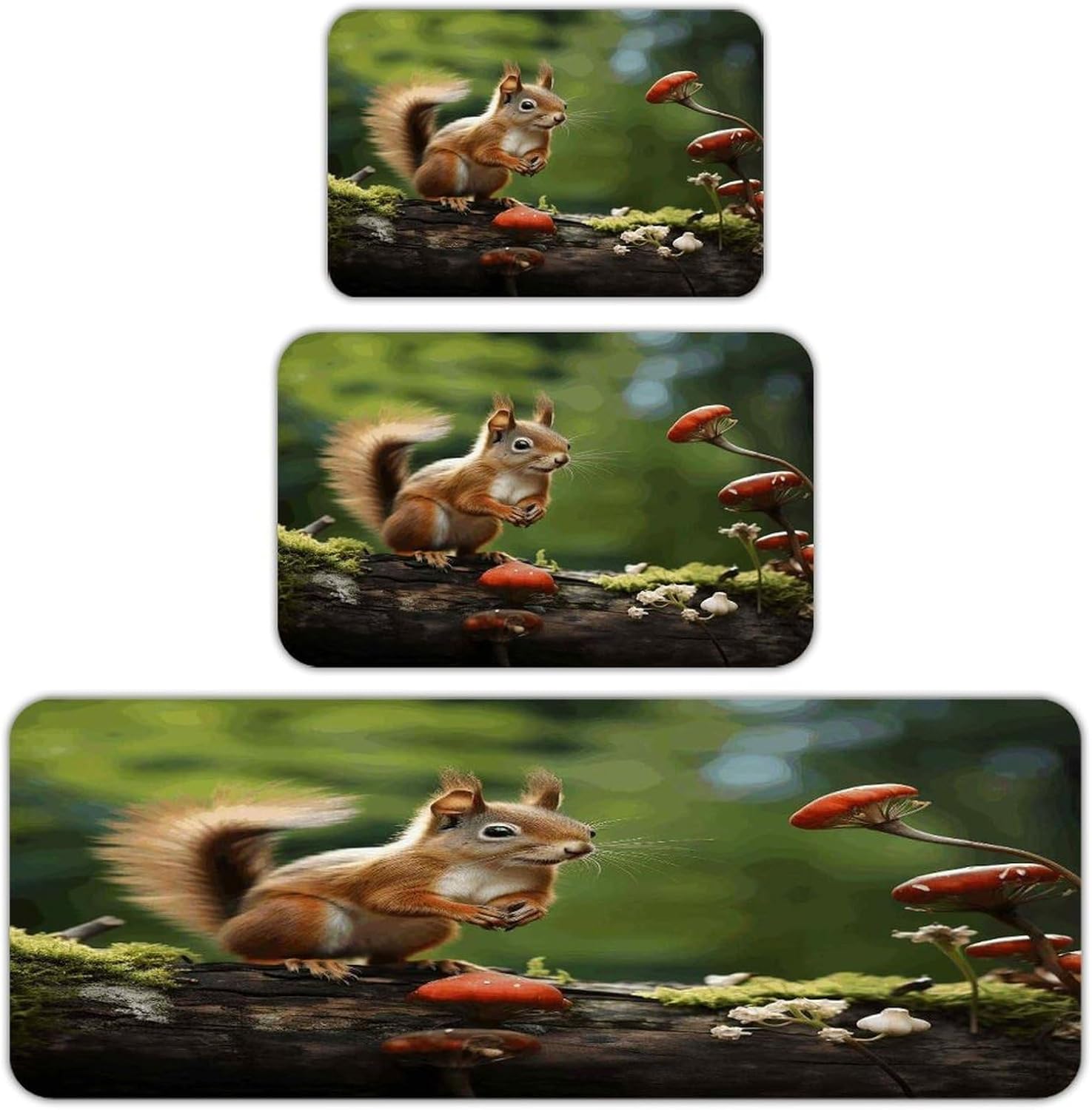 Red Squirrel on Small Green ​Hill Kitchen Mats Soft Absorbent Rugs for Floor Non Slip Washable Kitchen Mats Fashion Rectangular Rugs for Three-Piece Set for Laundry Office Home Sink