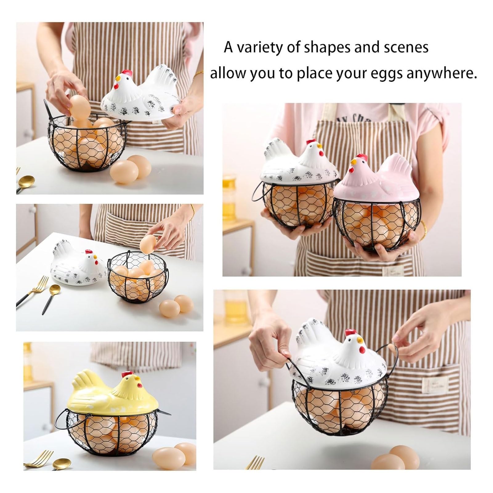 Cesta Para Huevos De Gallina, Cesta De Alambre Negro Con Tapa De Cerámica Para Recoger Huevos Frescos, Bonito Recipiente De Almacenamiento De Huevos De Estilo Rústico Para Cocina(Yellow,L)
