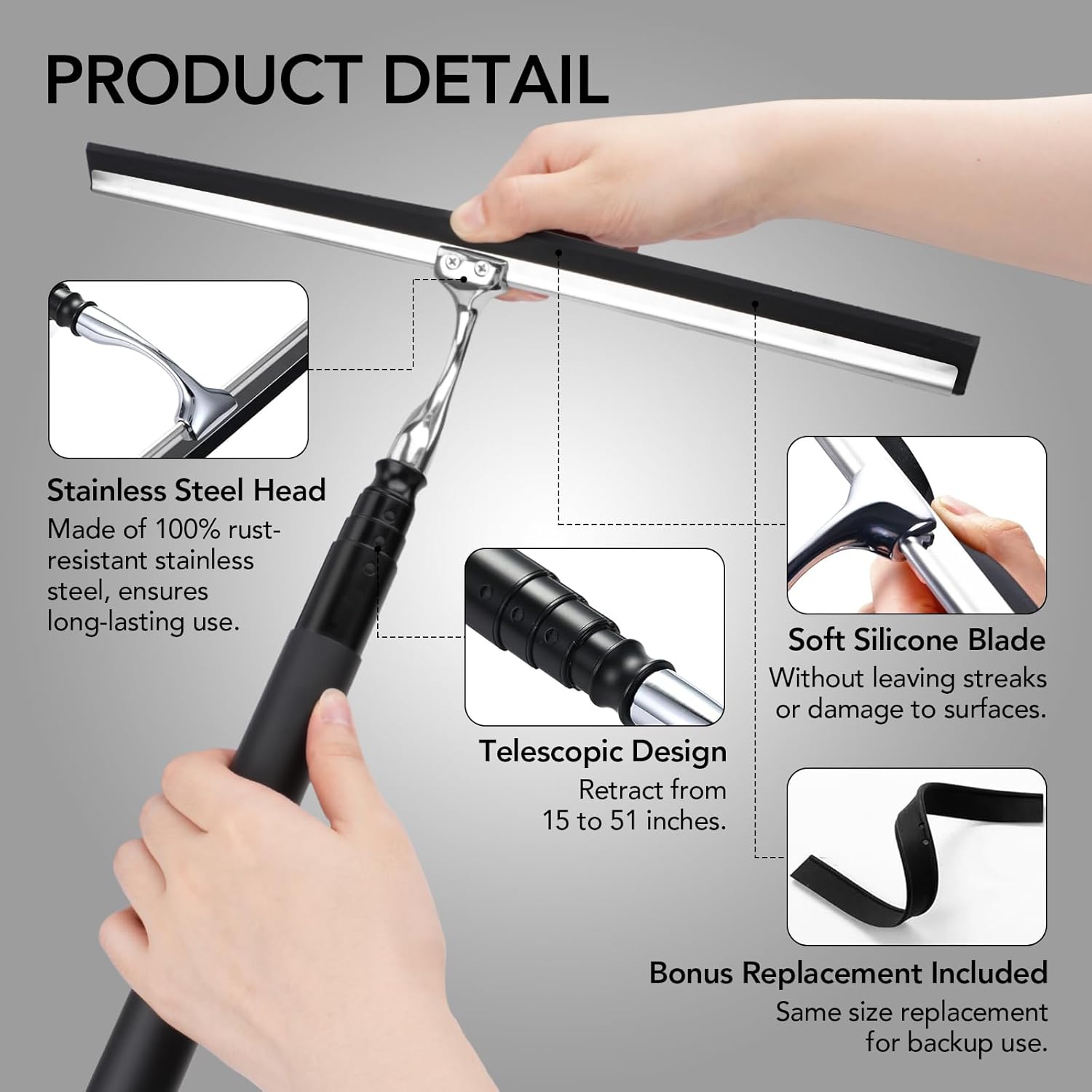 Shower Squeegee for Glass Doors, 15-51" Telescopic Squeegee for Window Cleaning, Squeegee for Shower Glass, Window Cleaner Tool with Long Handle for Tile Walls, Sliding Door, Floor, Car Windshield