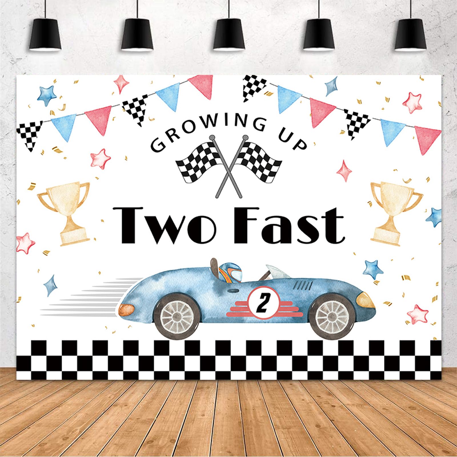 MEHOFOND 7x5ft Two Fast Birthday Backdrop for Boy Blue Race Car Theme Party Decorations 2nd Birthday Growing Up Photography Background Cool Trophy