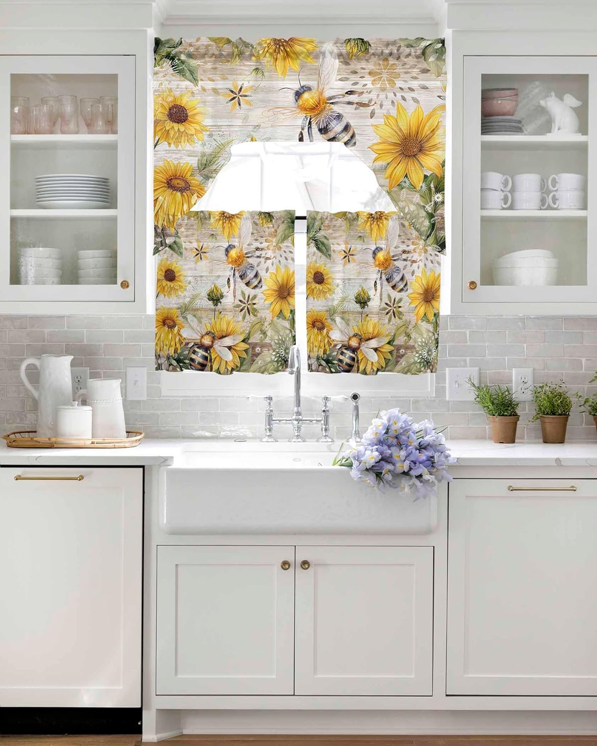 Bee Floral Swag Curtains Valance and Tier Set,Retro Sunflower Spring Summer Country Wood Rod Pocket Curtain Drapes for Bathroom Over Sink Kitchen Curtains 3 Piece Set Swag Valances and 24 inches Tiers