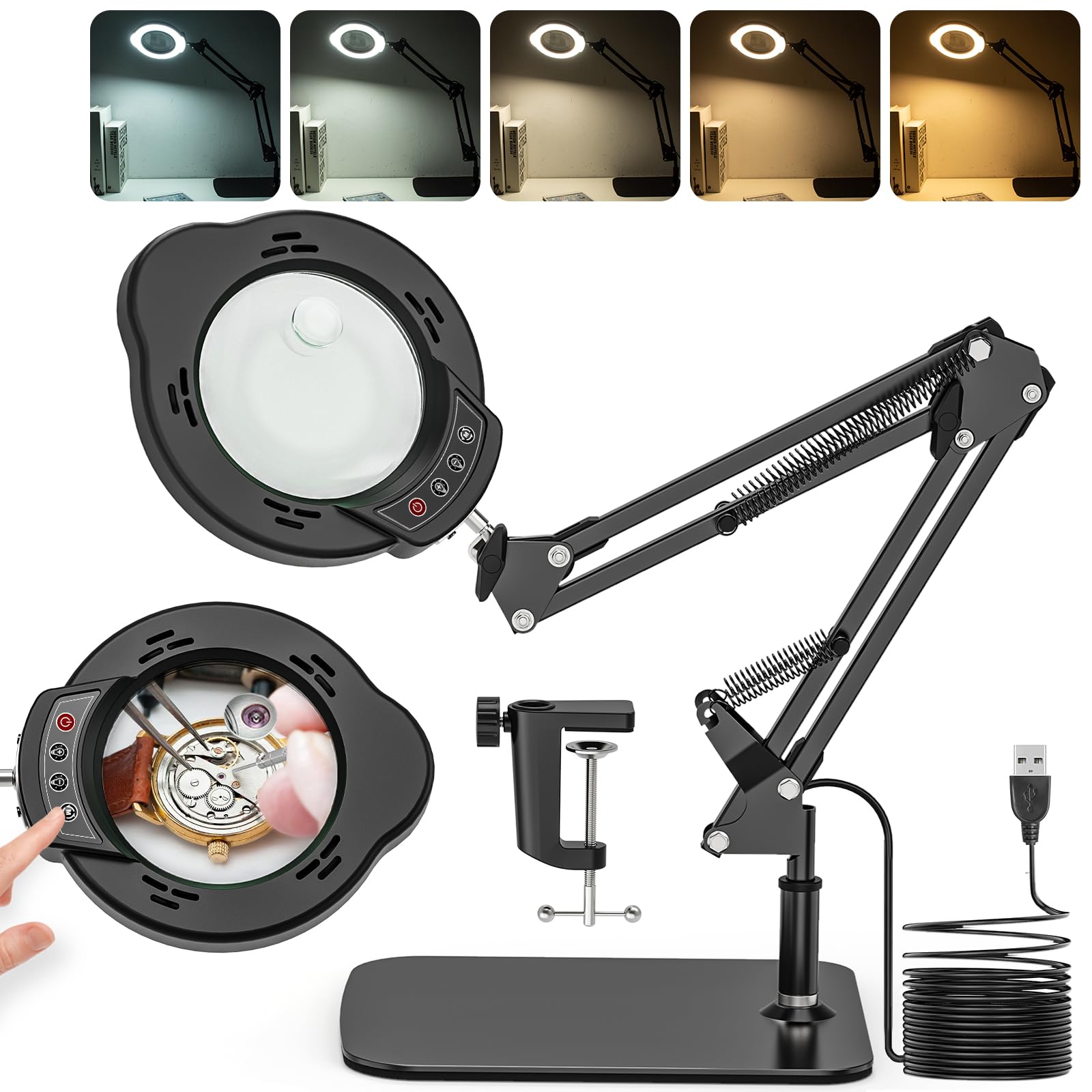 Veemagni 10 x vergrootglas met licht, 5 kleurmodi, traploos dimbaar, verstelbare zwenkarm, led-verlichte bureaulamp met klem, handsfree vergrootglas met licht en standaard voor handwerk hobby
