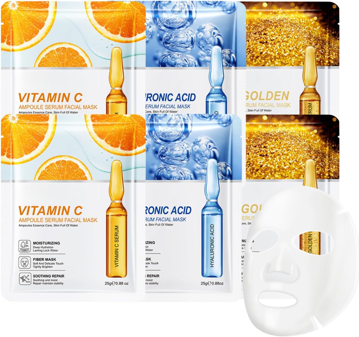 6-Pack Face Mask Set-Hydrating Face Mask with Hyaluronic Acid, 24K Gold & Vitamin C (2 Each) - Soothing, Brightening,Glowing Skin for Women Men Teens -25ml Essence for All Skin Types