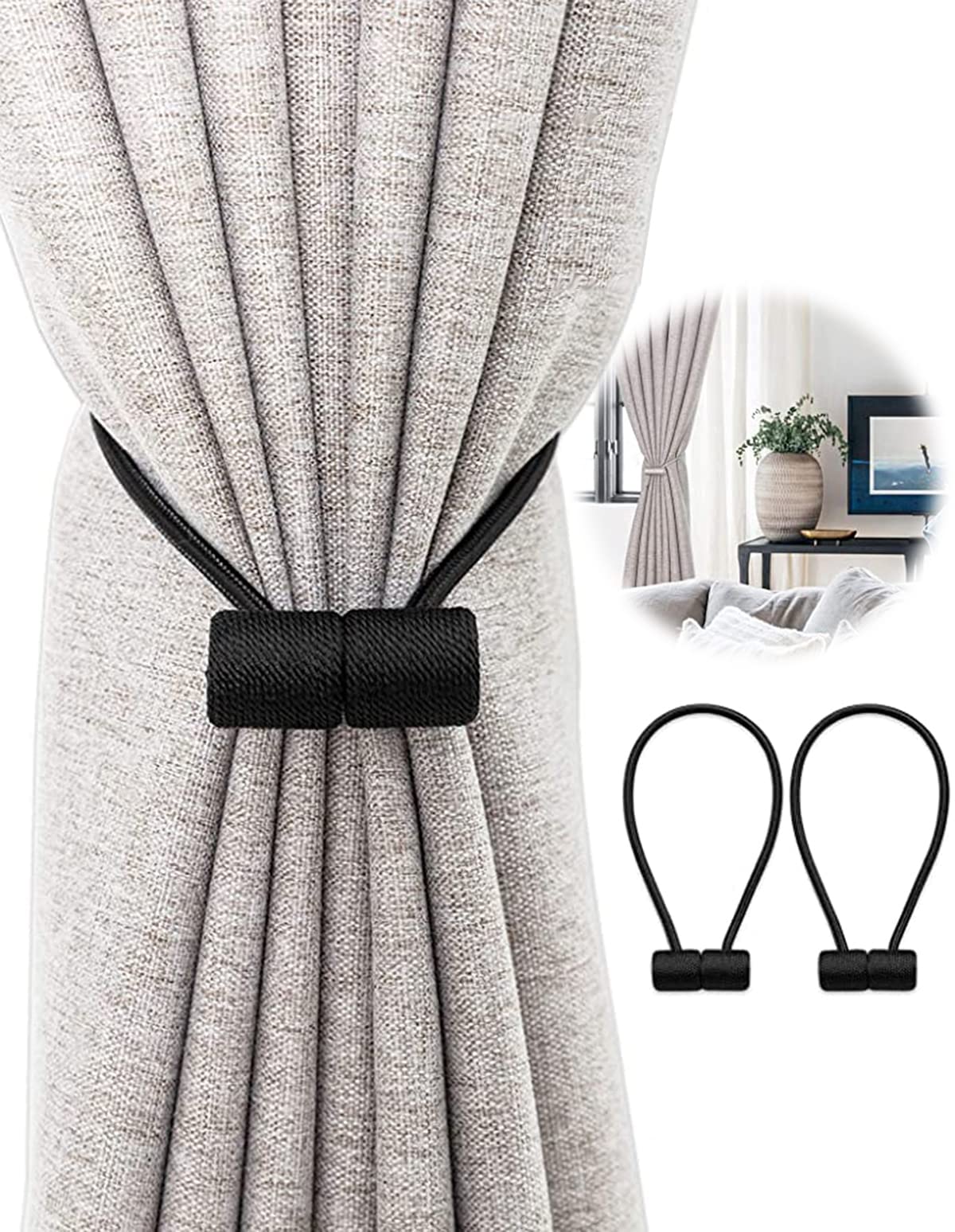 DELFINOMagnetic Curtain Tiebacks Clips, 2Pcs Window Curtain Holdbacks, Curtain Tiebacks with Upgraded Larger Magnet, Decorative Magnetic Curtain Holdback for Blackout/Sheer Window Treatment, Home Office
