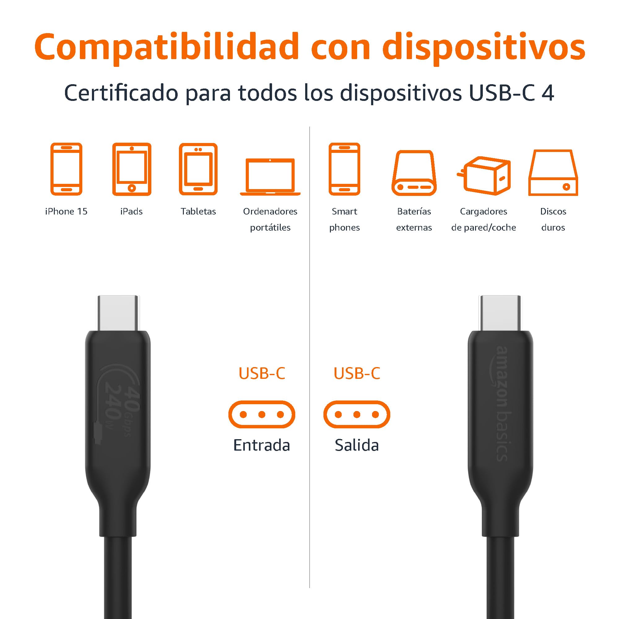 Amazon Basics Cable de carga rápida, USB-C a USB-C 4, 40 Gbps, vídeo 8K, 240 W, certificación USB-IF, Thunderbolt 4/3, compatible con iPhone 16/15, iPad, Samsung Galaxy, tabletas, portátiles,1m, Negro