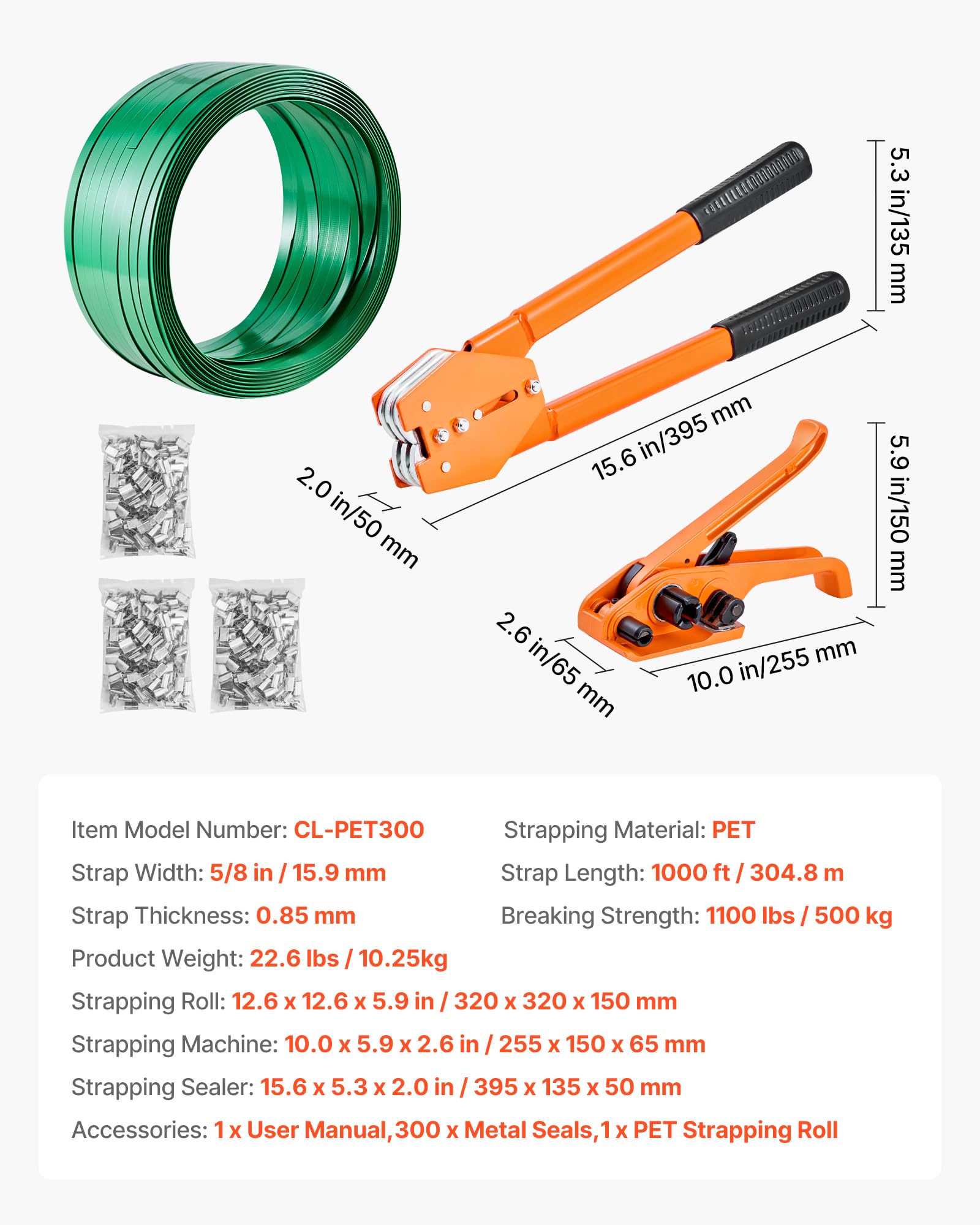 VEVOR Juego de Flejado Manual con Fleje de PET de 304,8 m y 300 Precintos Metálicos, Herramienta de Flejado para Embalaje, Kit Completo para Almacén, Mercado, Garaje, Envío, Mudanza, Hogar, Naranja