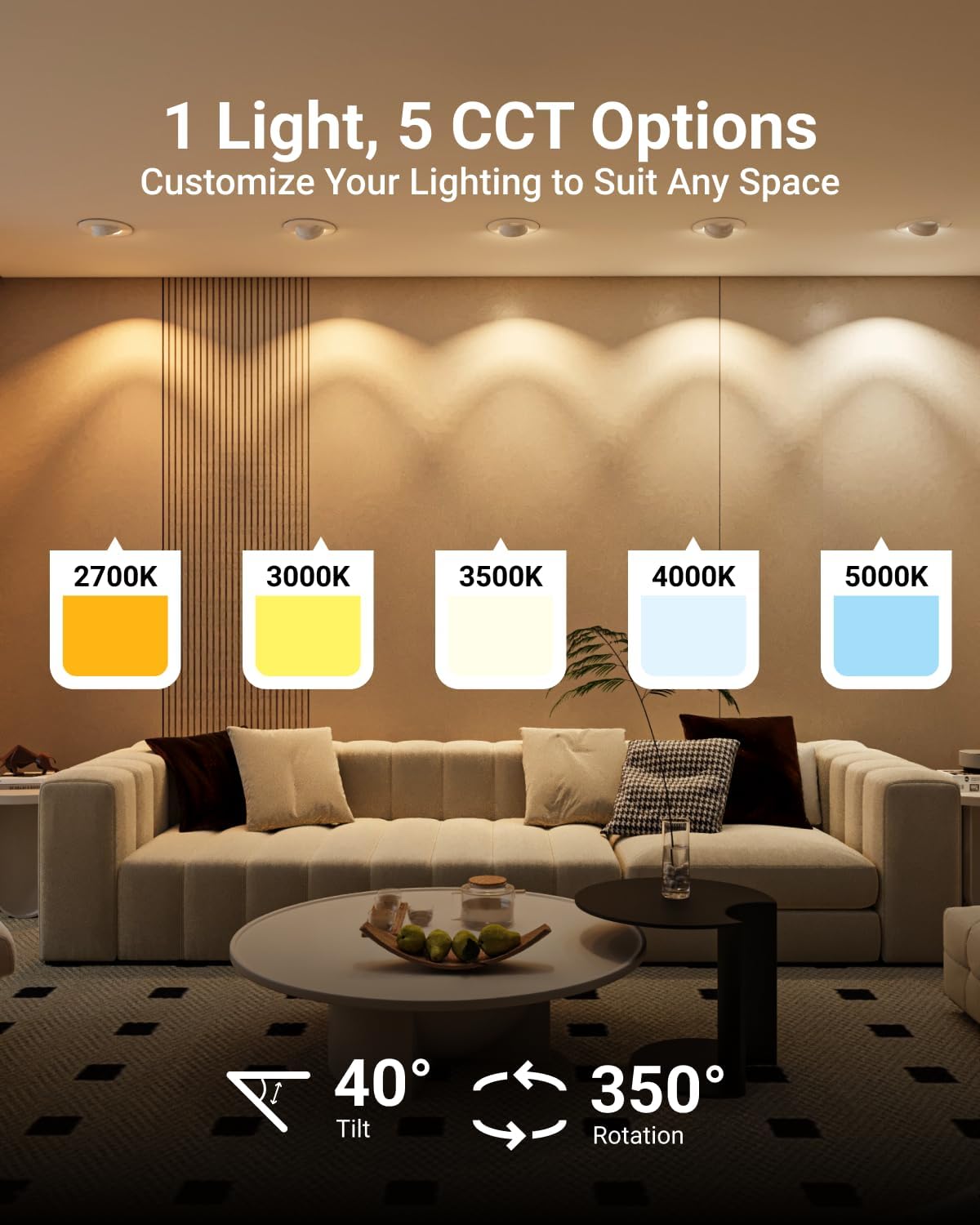 Sunco 6 Pack LED Can Lights Eyeball Retrofit Gimbal 5/6 Inch Recessed Lights, 12W=60W, 5 Colors (2700K/3000K/3500K/4000K/5000K), 800 LM, Directional Angled Trim Adjustable Ceiling Downlight, UL. - Image 5