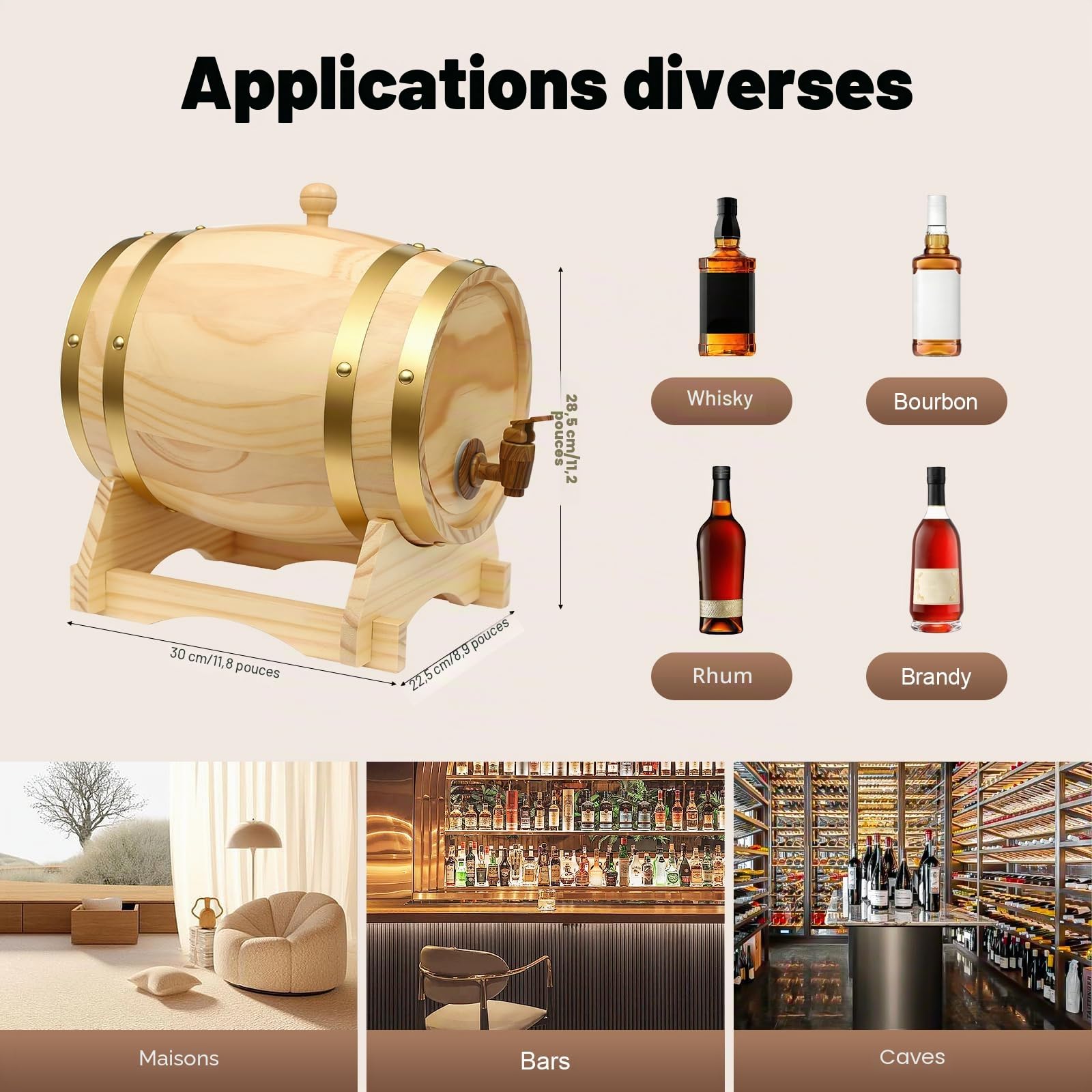 Tonneau à Vin en Bois Avec Robinet 5L Ovale Tonneau à Whisky Fontaine à Boisson Distributeur,Pour la Maison, Hôtel, Entreprise, Bar