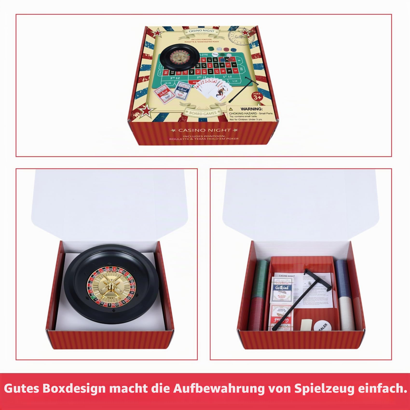 GOTHINK Roulette-Wheel-Spielset mit 25,4 cm Spiellack, 200 Karten, Abrechnung, 2 Kugeln und Texas Hold'em, perfekt für Partys und Feiertage