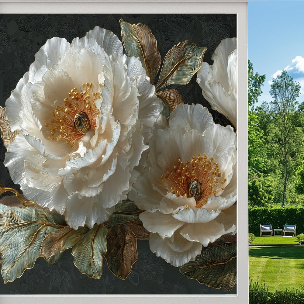 Natural Flowers Leaf Stained Glass Window Film, Nature Bouquet Peony Peel and Stick Privacy Film, Frosted Adhesive Vinyl Decorative for Bathroom Windows Glass Doors, （55x90cm）