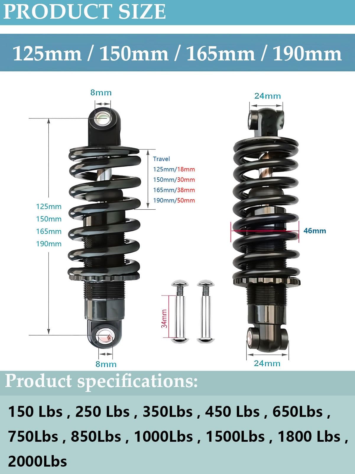 Amortyzator tylny Sprężyna spiralna 125/150/165/190 mm do elektrycznych rowerów górskich składane skutery 150-2000 LB (125 mm, 750 funtów