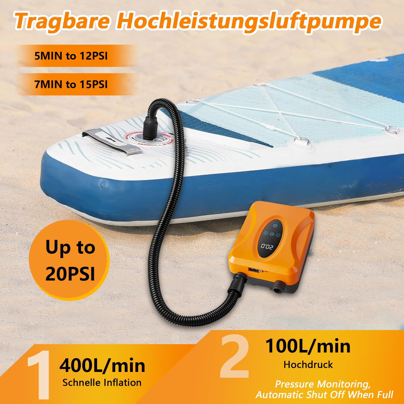 Pompe SUP électrique avec batterie – Rechargeable, inflation / déflation intelligente