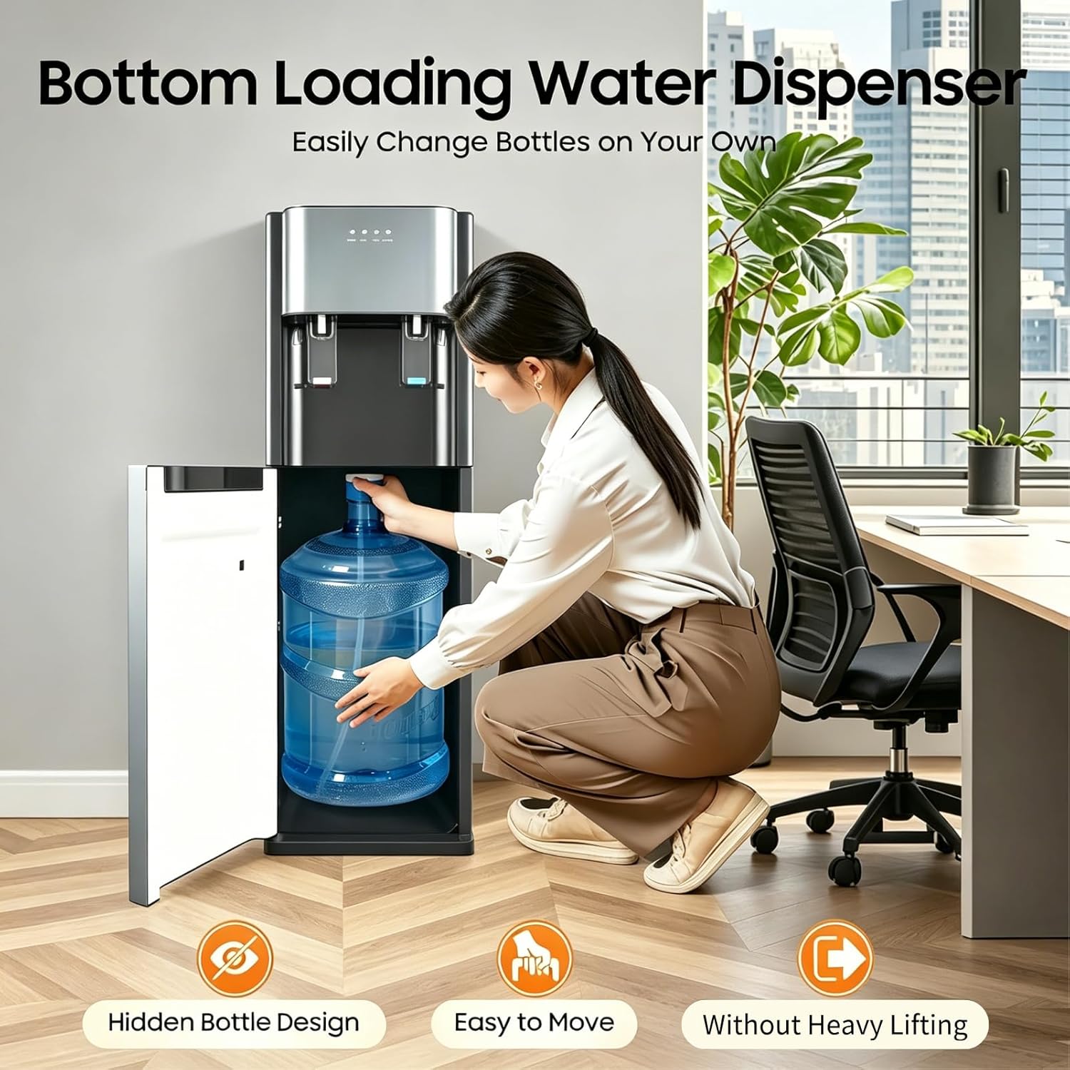 Water Cooler Dispenser, Bottom Loading Water Dispenser for 5 Gallon Bottle with Hot & Room & Cold Water, Hot and Cold Water Dispenser Water Cooler with Anti-Dry Burn Protection for Offices (Dark Gray)