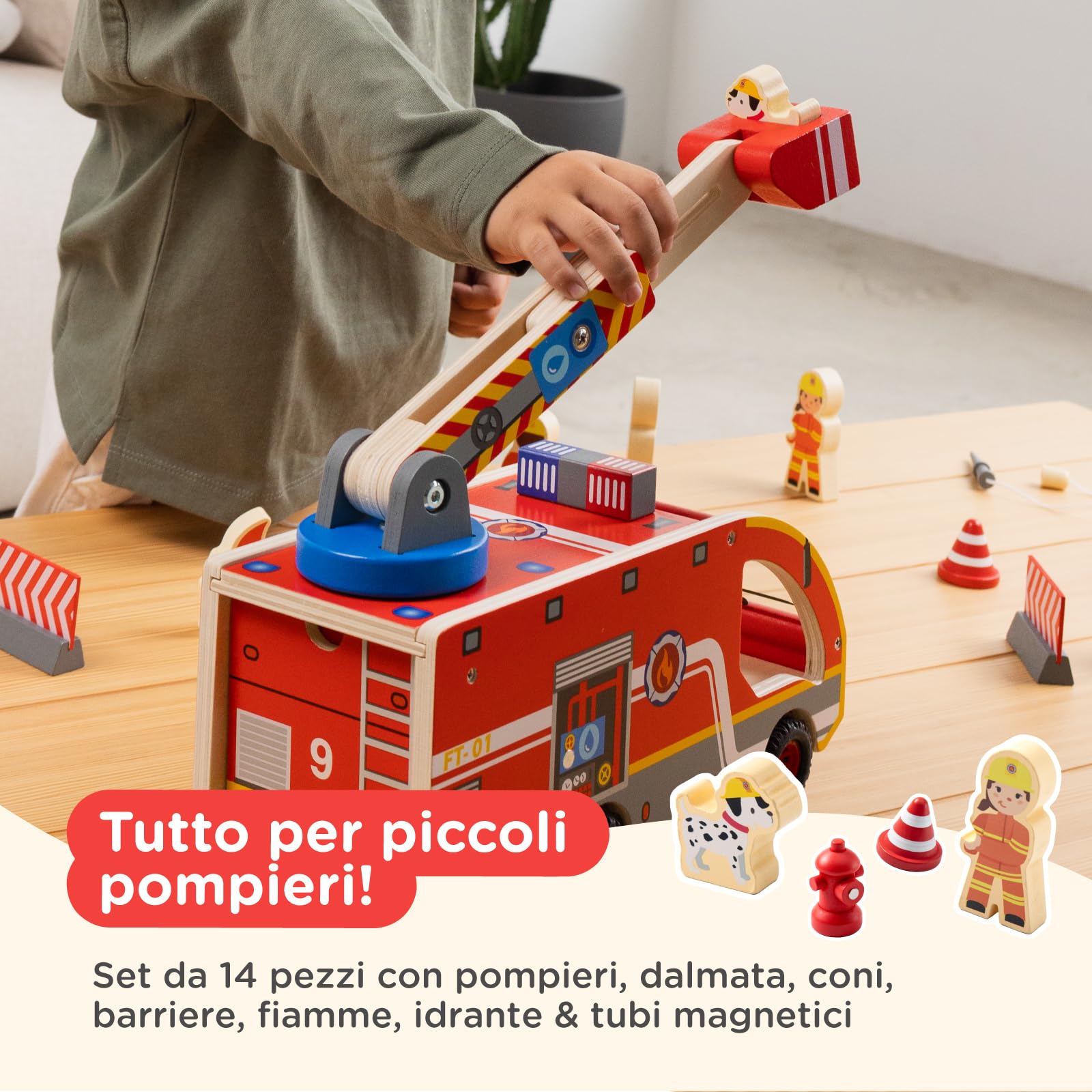 Nene Toys Camion dei Pompieri in Legno – Giocattolo Educativo Magnetico per Bambini 2+ Anni – Scala Girevole 360°, Tubi Magnetici, Idrante, Pompieri & Dalmata – Gioco Montessori FSC Regalo Perfetto