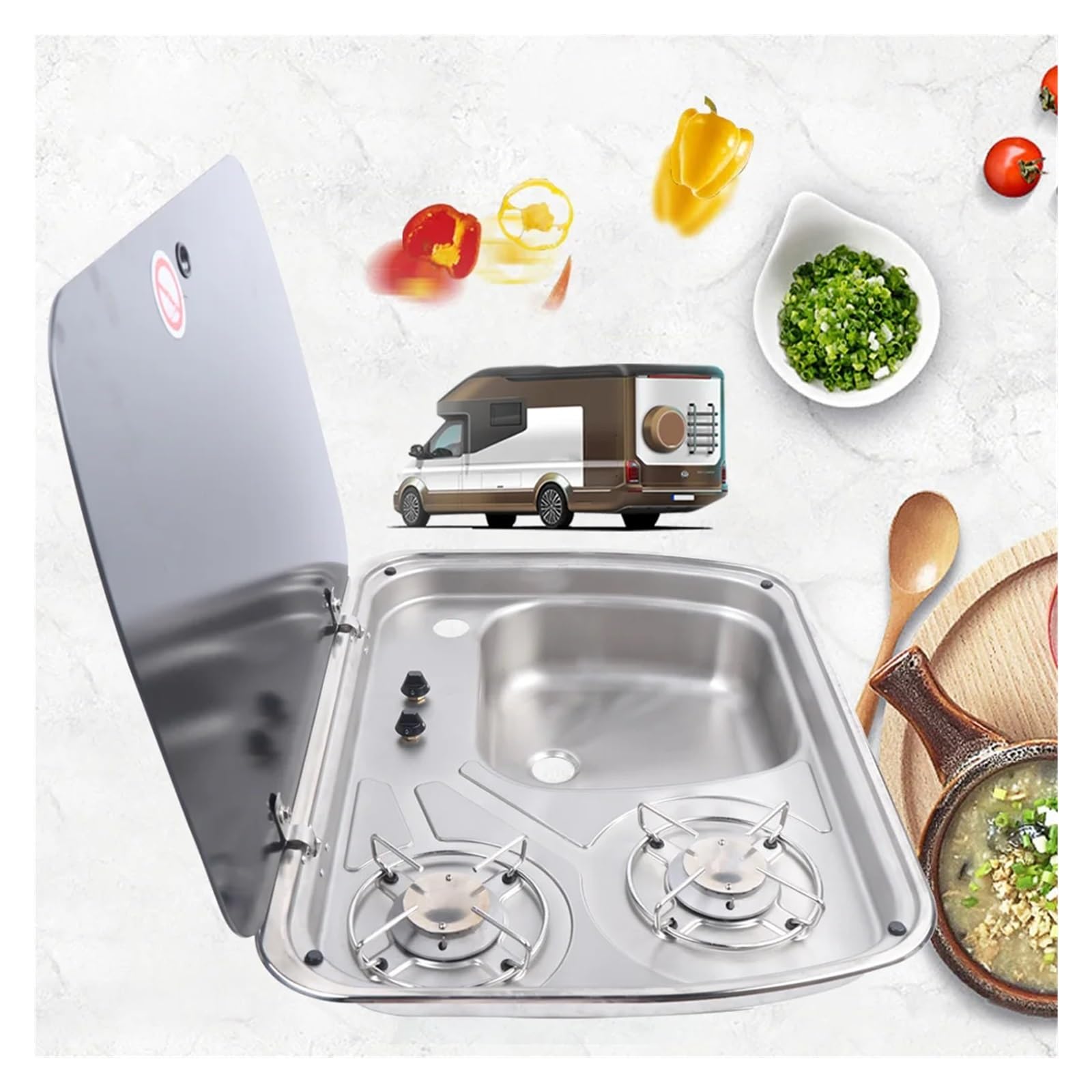 Cucina for Camper, roulotte, Barca, Piano Cottura a Gas a 2 fuochi e lavello con Coperchio in Vetro temperato, lavabo in Acciaio Inossidabile, Cucina for Camper
