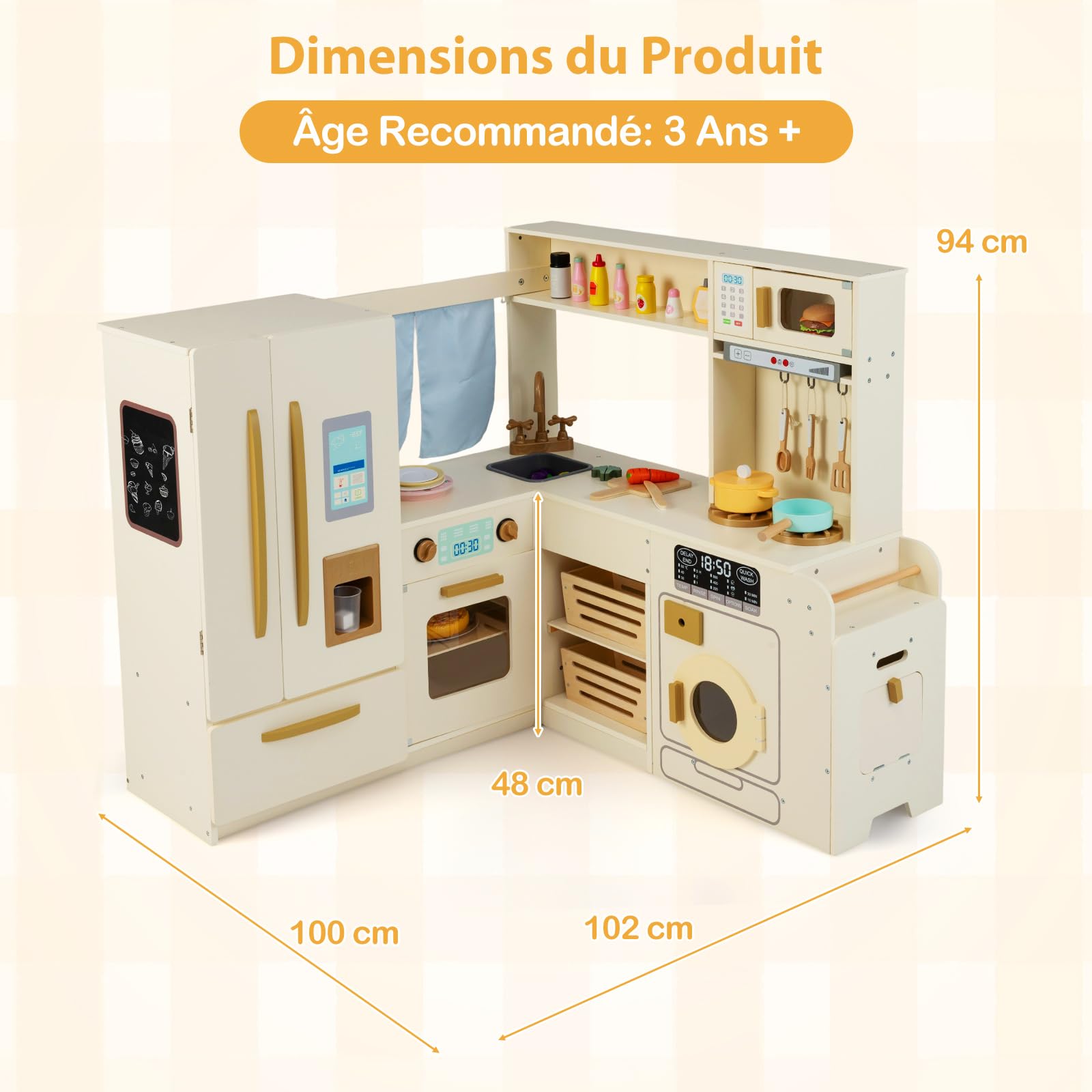 COSTWAY Cuisine d'angle en Bois Enfant avec Lumières & Sons, Jeu de Cuisine Enfant avec Réfrigérateur & Poubelle & Machine à Glaçons & Micro-Ondes, 22 Accessoires & Tableau Noir pour 3 Ans+