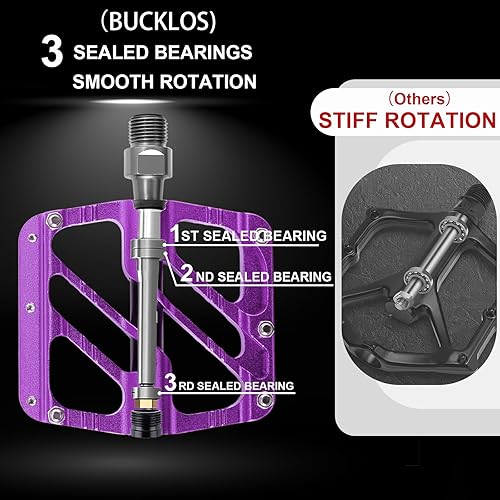 Miniatura 2 de BUCKLOS Pedales planos MTB, pedales de bicicleta de montaña, 3 rodamientos, pedales de bicicleta de carretera para adultos, aleación de aluminio CNC