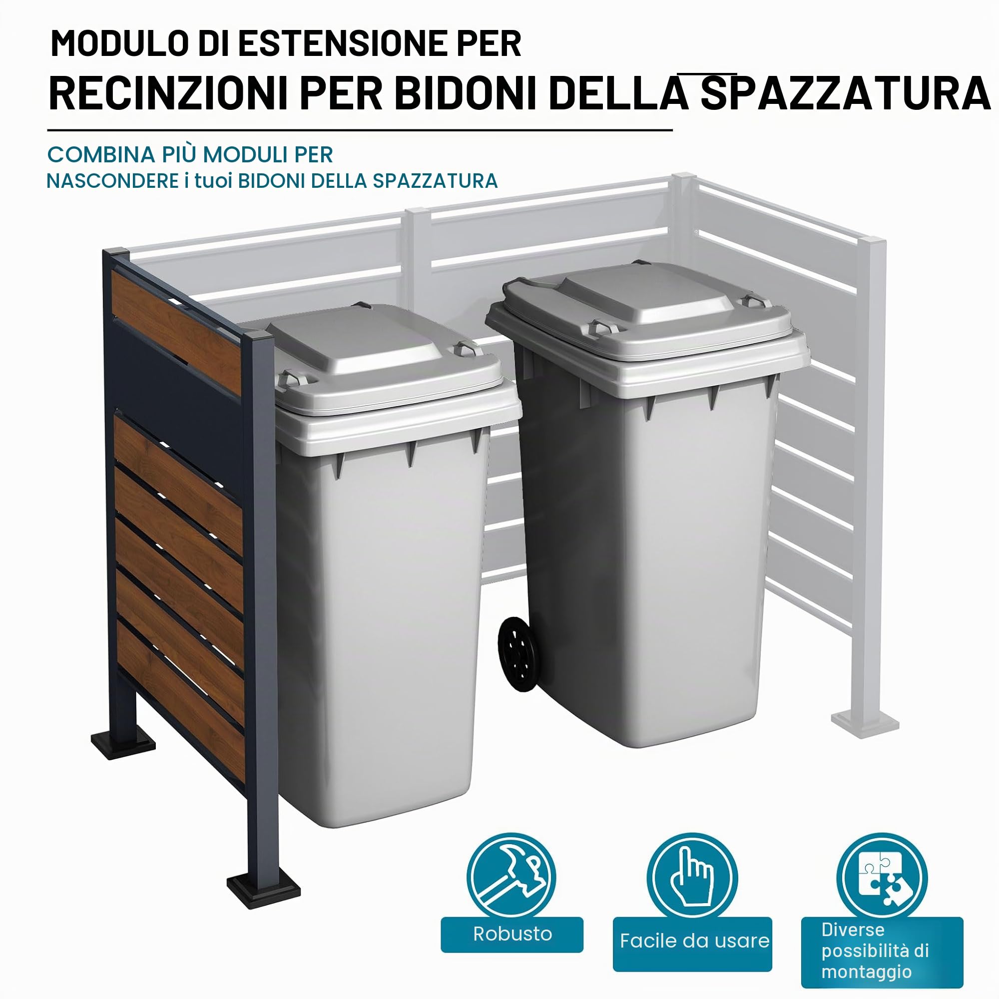 Wiltec Estensione per copri bidoni della spazzatura, copribidone da esterno in acciaio antracite ed effetto legno, porta bidoni, recinto cassonetti
