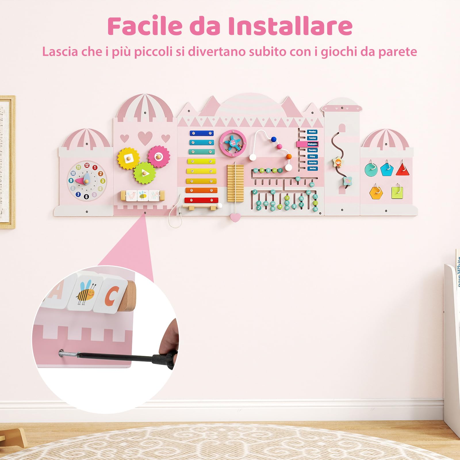 COSTWAY Pannelli da Parete con attività, Busy Board 11 in 1 Montessori in Legno per Sviluppo Sensoriale, Centro di attività Educativo Montato a Parete per Stanza Giochi, Asilo Nido (Castello)