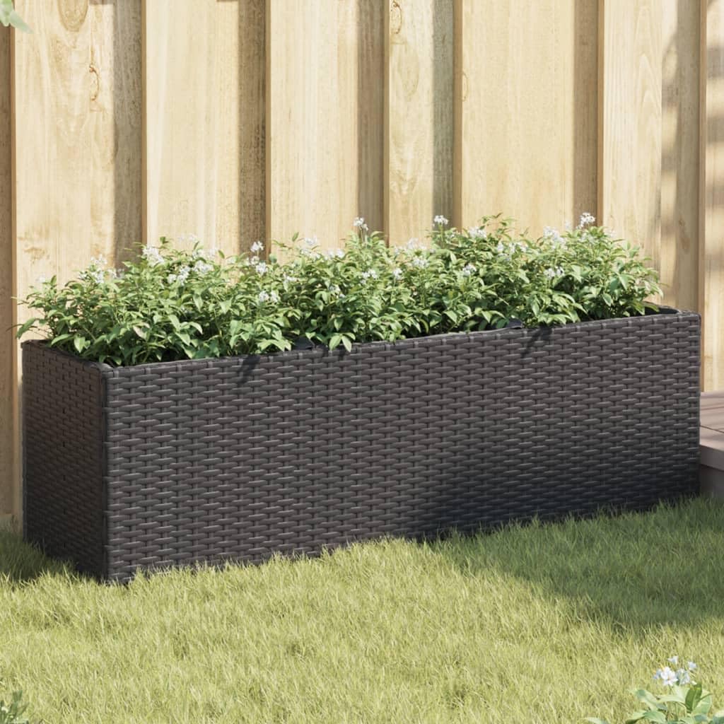 Donica ogrodowa z 3 wkładami czarna 105x30x32 cm rattan PE odporna na warunki atmosferyczne skrzynia balkonowa do kwiatów z wytrzymałym stelażem stalowym