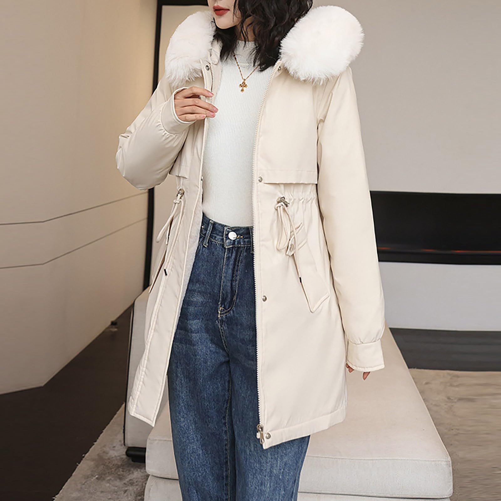 Saymany Winterjacke Damen Lang Warm Wintermantel mit Fellkapuze Winterparka Winddichte Parkajacke mit Kapuze Mode Outdoorjacke Slim fit Winterparka Mode Mantel Frauen Wintermantel Warme Winter Jacke