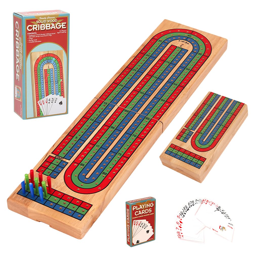 Hojalis Wooden Cribbage Board Game set, 3 Track Folding Cribbage Board with Cards & Pegs, Classic Crib Board And Pegs,Travel Cribbage Set for 2–3 Players,Classic Strategy Games for Party Game Night