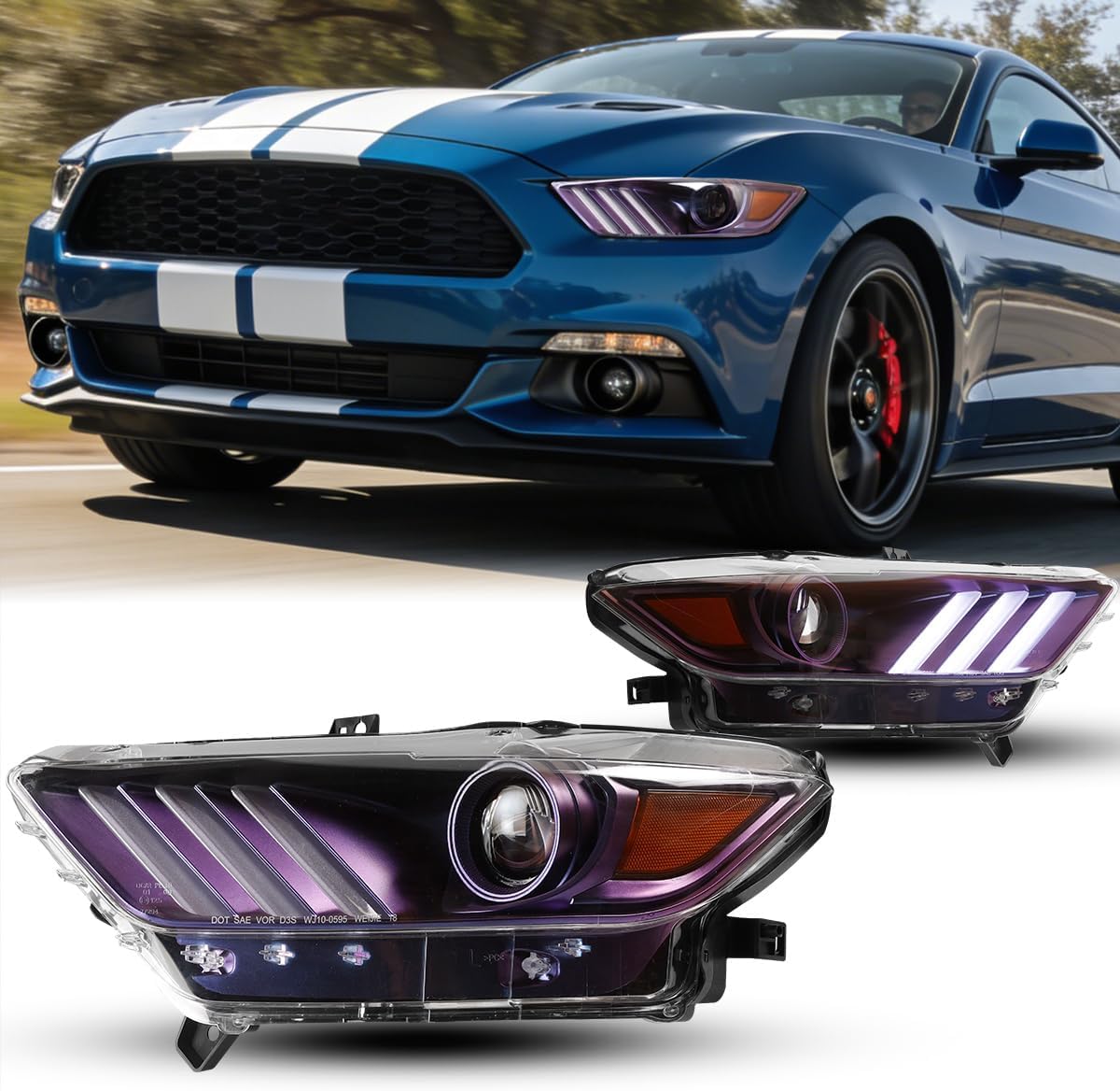 ROXX Projector Headlight Assembly w/LED DRL Fit for 2015-2017 Ford Mustang Coupe & Convertible / 2016-2020 Ford Shelby GB350 2020-2022 GB500 OE Style Headlamp Driver Left Side Replacement
